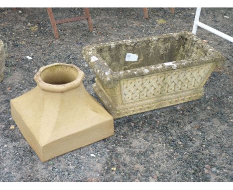 A large concrete planter with attractive design approx. 26" x 13" x 12" and sand stone coloured chimney cowl approx. 14" squa
