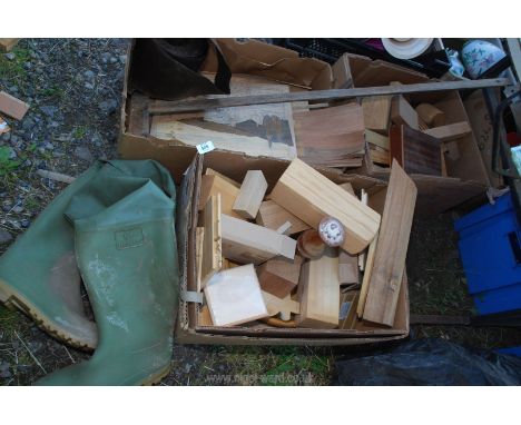 A pair of Dunlop waders Size 11, 3 boxes of off cuts, set square, etc.