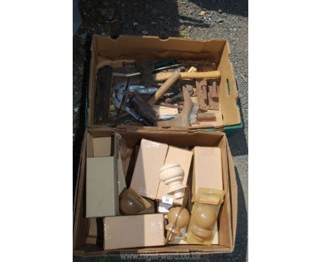 Box of newel caps, quantity of old tools, hinges etc.