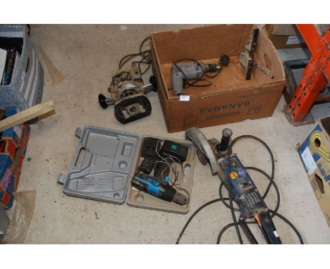 9" Angle Grinder, Nutool Cordless Drill and an Electric Router. (running at time of lotting)