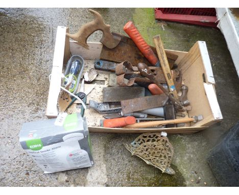 A box of old tools including shears, hammers, saw, etc., 