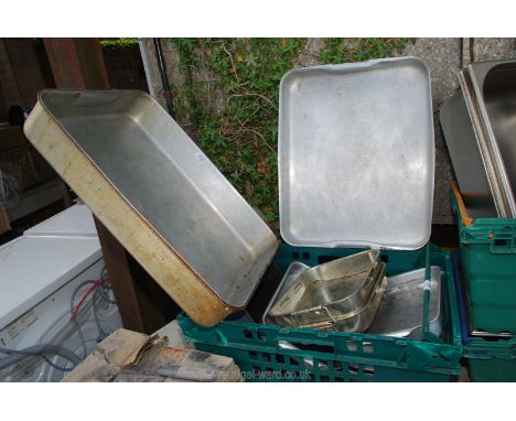 A quantity of catering stainless steel baking trays, non stick pate tins plus 2 large oven trays (large trays approx. 18 1/2"