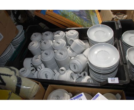 A large quantity of catering teacups &amp; saucers; 67 saucers and 64 cups.