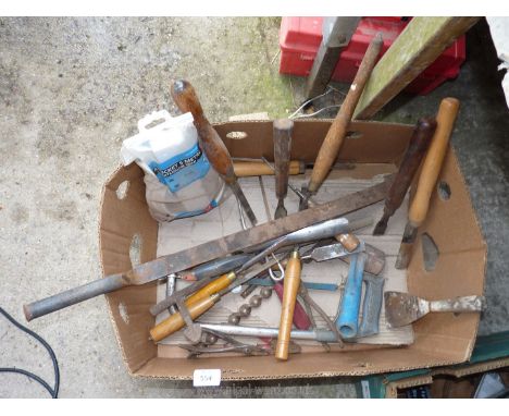 A box containing old tools including a hack saw, chisels, a lump hammer, etc., 