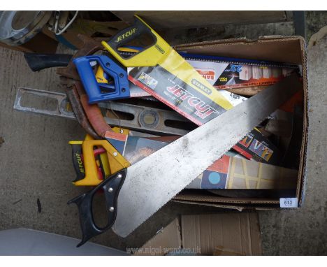 1 box of saws, axe, spirit level etc.