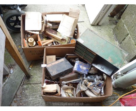 2 boxes of mixed tools including. door latches, taps and small green metal tool drawer.