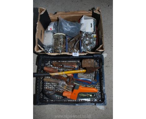 2 Boxes of Mixed tools incl. hatchet, clamp, taps, nails etc.