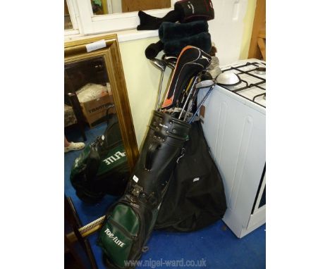 A Topflite golf bag and contents including Slazenger, Dunlop, Howson clubs etc plus a golf trolley by Easiglide.