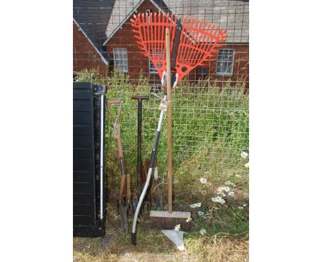 A quantity of gardening tools, sheer, fork, rack etc. 