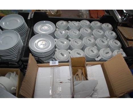 A large quantity of catering teacups and saucers; 76 saucers and 80 cups.