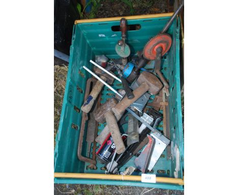 A box of assorted tools including hand drill, etc.