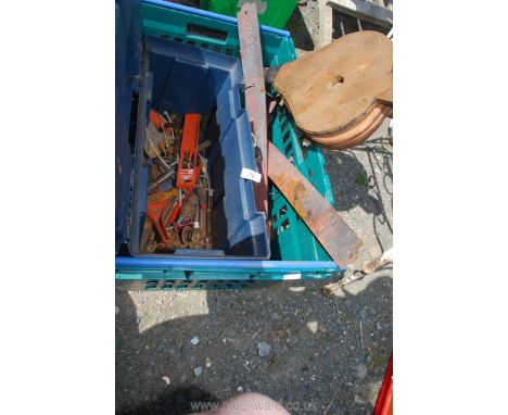 A tub of tools, strap hinges, bellows etc.