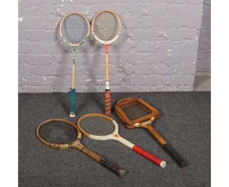 Five vintage rackets, to include Gunn &amp; Moore, Wisden, Dunlop etc.  