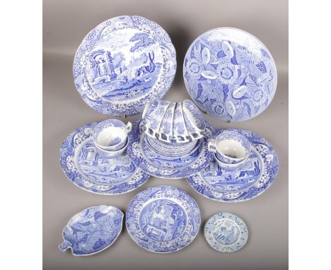 A collection of Spode blue and white pottery, mainly in the Italian landscape pattern and including the Blue Room Sunflower d