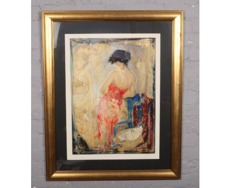 A Janet Treby, limited edition large gilt framed lithograph print of a maiden, titled 'Blue chair' 179/385.  