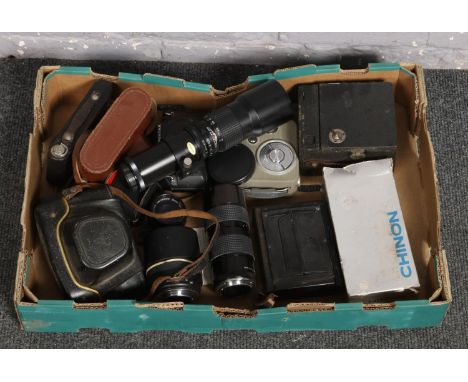 A box of cameras to include praktica, bellows, camera  lenses, box camera etc.  