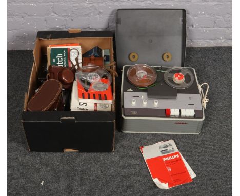 A box of mostly photographic and projector equipment to include Dacora camera, cased binoculars, Phillips reel to reel tape r