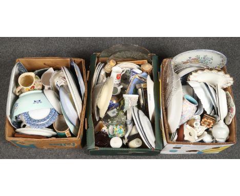 Three boxes of assorted pottery and china including Wedgwood, Lladro &amp; Spode.  