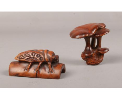 A Japanese box wood Cicada &amp; Fungi Netsuke (approx 6cm &amp; 5 cm height)  