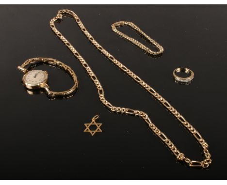 A collection of 9 ct gold, to include necklace ( approx 30 cm length), bracelet, Star of David pendant, manual wristwatch wit