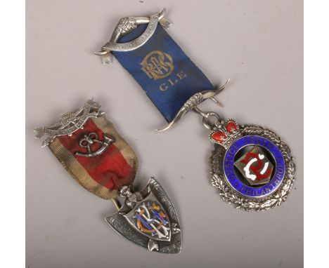 Two silver and enamel medals on ribbon to include masonic example.  