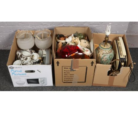 Three boxes of miscellaneous to include oriental lithograph panel teawares, decorative table lamp, Royal Worchester Evesham p