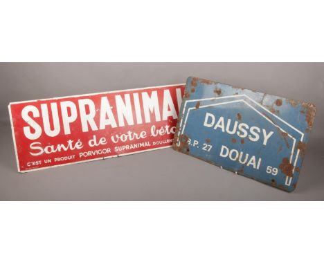 Two vintage French enamel advertising signs. Largest 25cm x 72cm.  