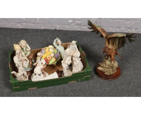 Two boxes of ceramic figures, Capo di monte Golden eagle on Rocks, fruit bowl, Jango clown figurine examples  