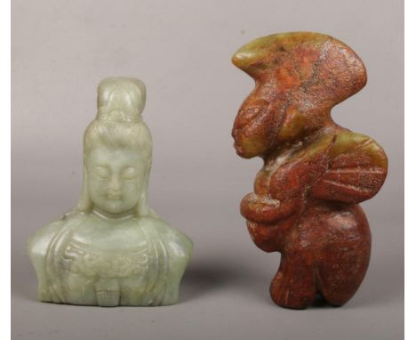 Two Oriental jade coloured flourite carvings, one of archaistic form and the other formed as a Buddha, largest 16.25cm.  