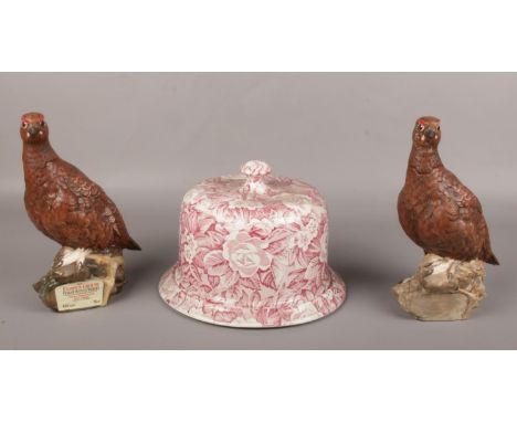 A Burleigh Victorian Chintz cheese dish and cover and two Royal Doulton Famous Grouse Finest Scotch Whisky Liquor bottles. Ea