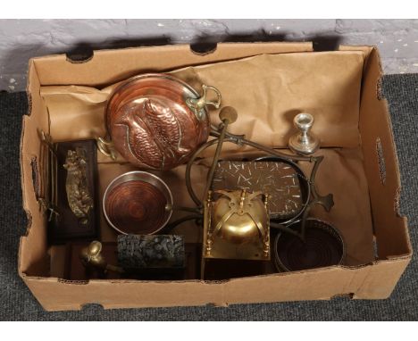 A box of metalwares to include Silver candlestick, wine bottle coasters, brass mantel clock etc.  