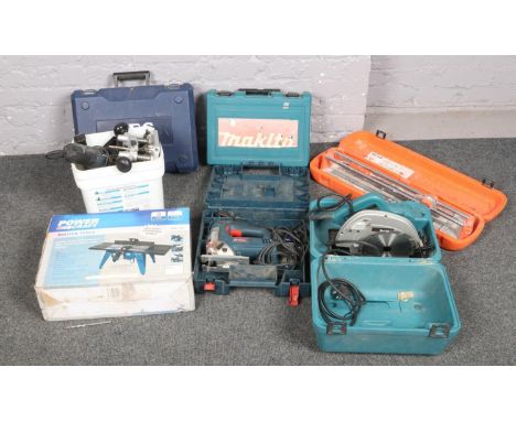 A collection on power tools to include Makita drill, Power craft router table, AEG drill, Makita saw etc.  