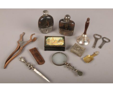 A box of collectables to include two leather and white metal hip flasks, magnifying glass, trinket boxes etc.  