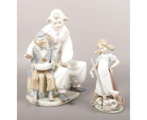 A collection of Lladro/Nao porcelain figurines, ' Playful kittens' (approx 22 cm height), 'Clown/clownboy' ( approx 21 cm wid