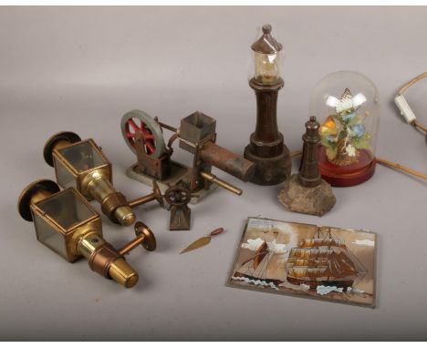 A group of collectables, to include steam engine, lighthouse lamp, butterfly display etc.  