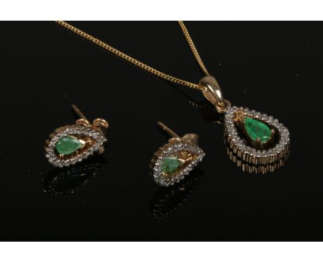 A 9ct gold emerald and diamond earring and pendant on chain set. Earrings 13mm, 1.37 grams, pendant on chain 24cm, 2.15 grams