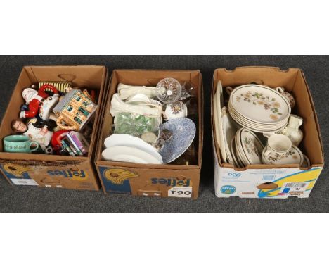Three boxes of miscellaneous, ceramic novelty teapots, cut crystal bowls, Marks &amp; Spencer ' Autumn leaves' dinner service