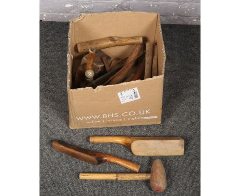 A box of mostly vintage wood plumbing tools to include lead working examples etc.  