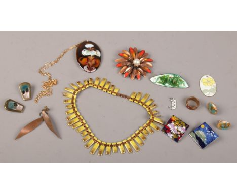 A collection of vintage enameled copper costume jewellery including Matisse necklace.  