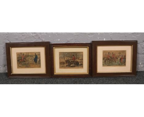 Three framed hand coloured engravings, depicting hunting scenes.  