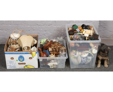 Three boxes of miscellaneous to include large quantity of ornamental owls, table lamp, cut glass decanters, hand fans, flatwa