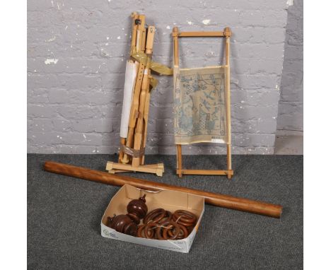 A Victorian curtain rail along with two hobbiest / tapestry frames. (Rail Length 127cm).  