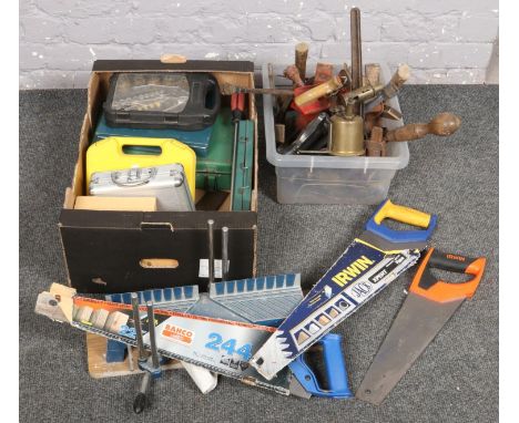Two boxes of tools to include saws, screwdrivers, hole saw accessories etc.  