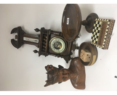 A carved hard Wood Indonesian bust a barometer and other treen (a lot)