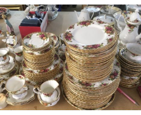 Royal Albert Old Country Roses ceramic dinnerware including plates, teacups, egg cups and saucers. Made in England. Both firs