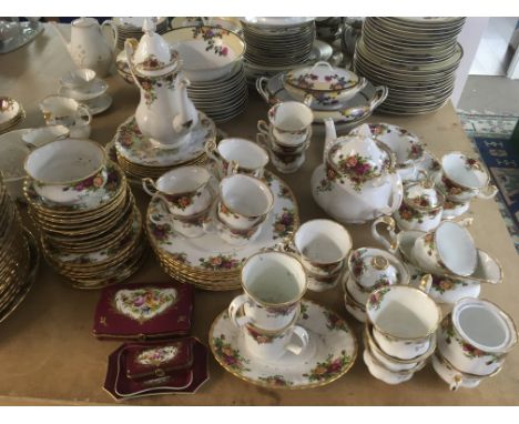 Royal Albert Old Country Roses ceramic dinnerware including plates, teacups, teapots and saucers. Made in England. Both first