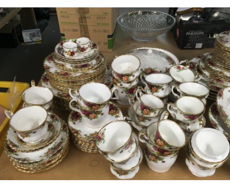 Royal Albert Old Country Roses ceramic dinnerware including plates, teacups, egg cups and saucers. Made in England. Both firs