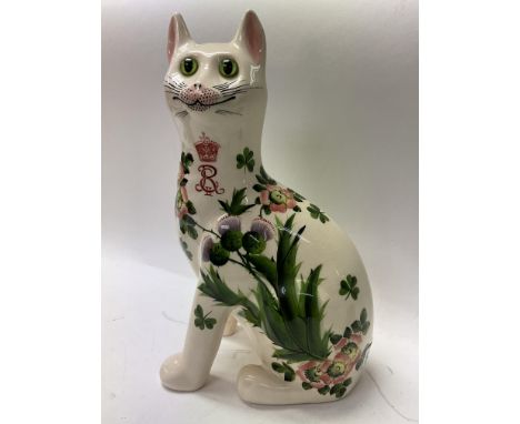 A Wemyss Giselda pottery cat with floral decoration, made for the Queens Jubilee. 34cm.