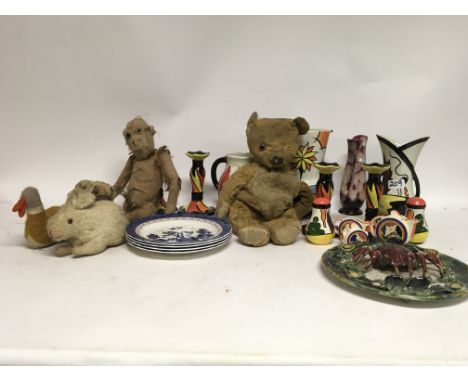 Lorna Bailey decor pieces, vintage toys, a Pallisy ware Majolica crab plate and Royal Doulton plates.