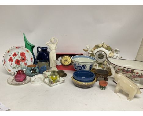 Variety of ceramic figures and ornaments, a box of watch parts &amp; a Precista Cherub clock